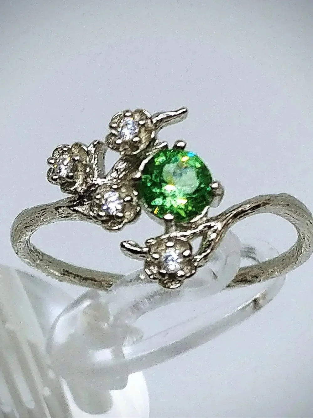 Woodland Branches and Blossoms Vintage Uranium Glass & CZ Ring - Sterling Silver
